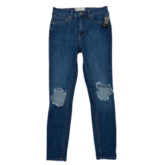 Free People Denim - FREE PEOPLE NWT Distressed Busted Knee Stretchy Blue Denim Skinny Jeans Size 28